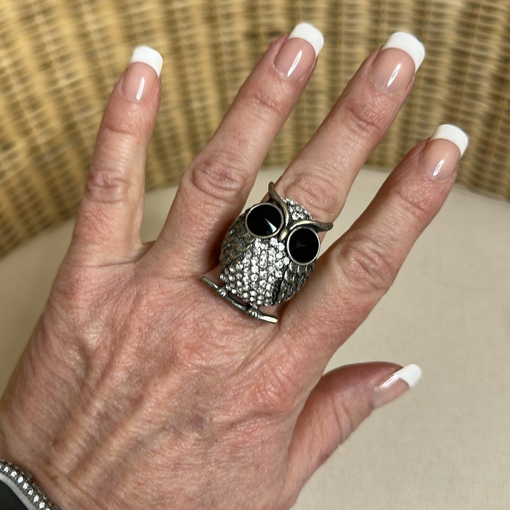 Adorable Antique Finish Crystal Stretch Owl Ring One Size Fits All